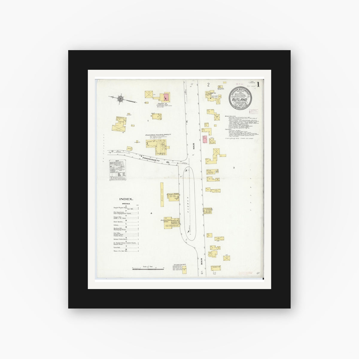 Old map wall art mockup — black gallery frame with white mat — Sanborn Fire Insurance Map from Rutland, Worcester County, Massachusetts (1910) - Complete Map Set