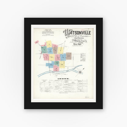 Old map wall art mockup — black gallery frame with white mat — Sanborn Fire Insurance Map from Watsonville, Santa Cruz County, California (1892) - Complete Map Set