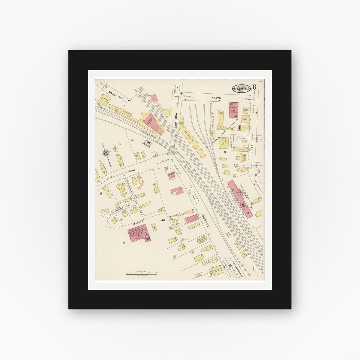 Old map wall art mockup — black gallery frame with white mat — Sanborn Fire Insurance Map from Greenfield, Franklin County, Massachusetts (1922), Sheet #0008