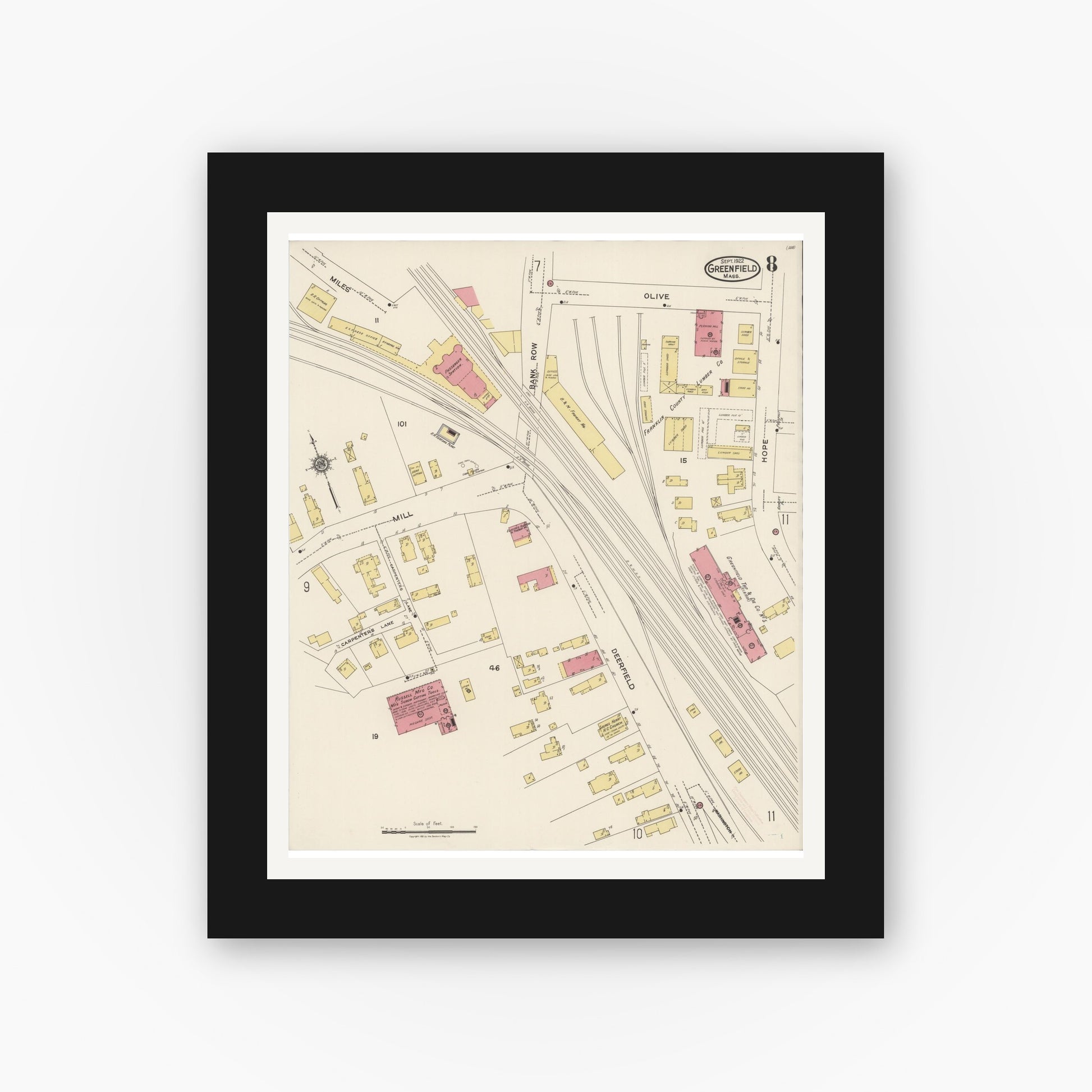 Old map wall art mockup — black gallery frame with white mat — Sanborn Fire Insurance Map from Greenfield, Franklin County, Massachusetts (1922), Sheet #0008