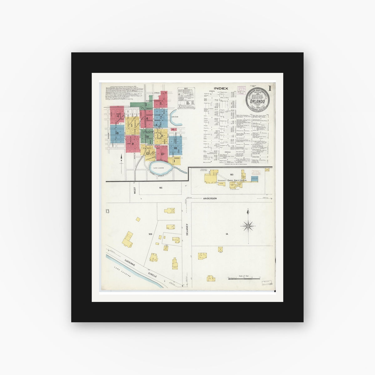 Old map wall art mockup — black gallery frame with white mat — Sanborn Fire Insurance Map from Orlando, Orange County, Florida (1908) - Complete Map Set