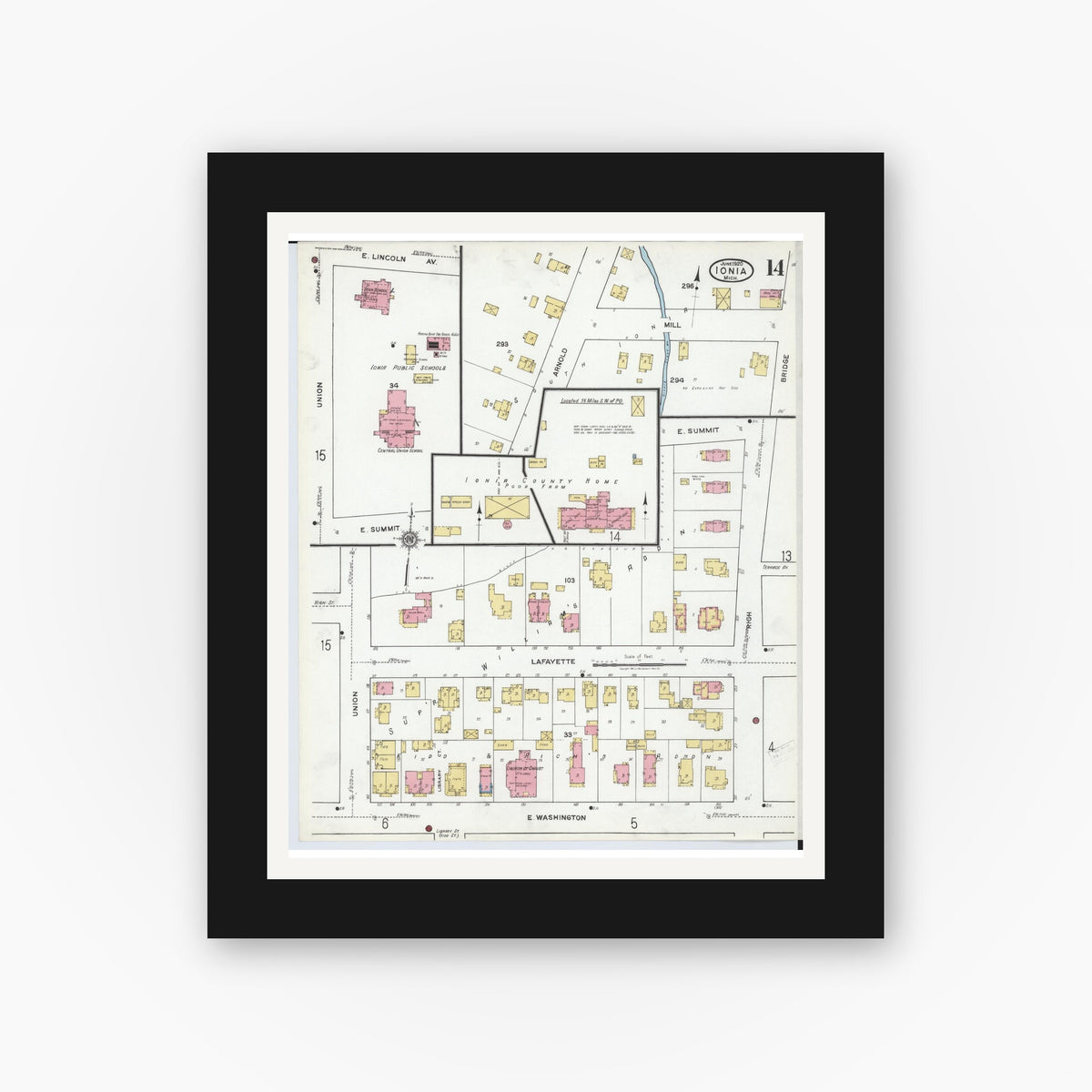 Old map wall art mockup — black gallery frame with white mat — Sanborn Fire Insurance Map from Ionia, Ionia County, Michigan (1920), Sheet #0014
