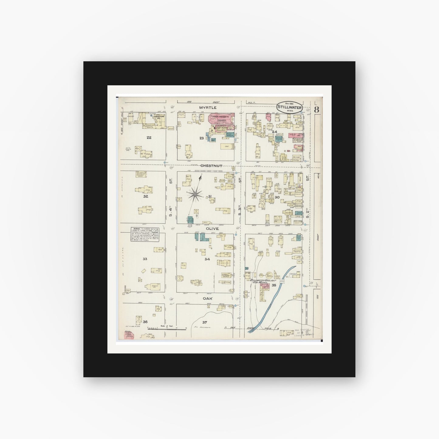 Old map wall art mockup — black gallery frame with white mat — Sanborn Fire Insurance Map from Stillwater, Washington County, Minnesota (1884), Sheet #0008