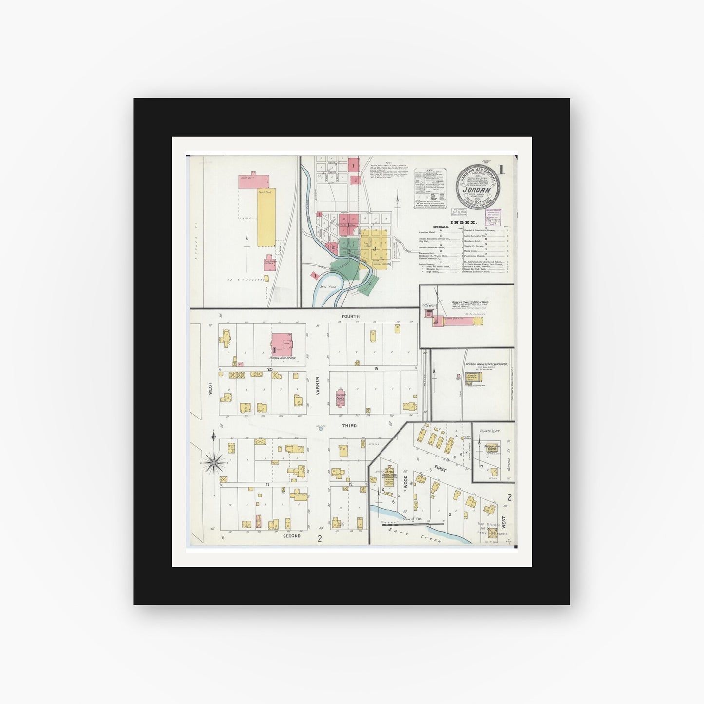 Old map wall art mockup — black gallery frame with white mat — Sanborn Fire Insurance Map from Jordan, Scott County, Minnesota (1904) - Complete Map Set