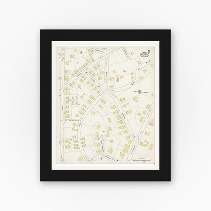 Old map wall art mockup — black gallery frame with white mat — Sanborn Fire Insurance Map from Melrose, Middlesex County, Massachusetts (1915), Sheet #0009