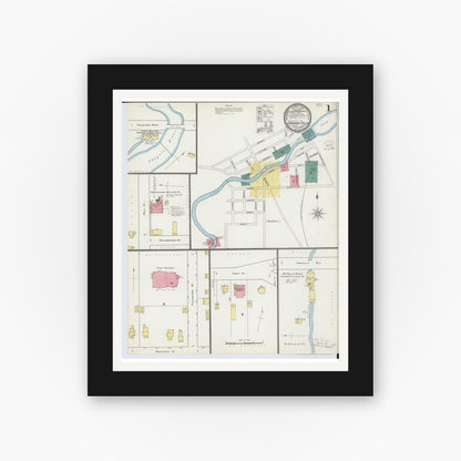 Old map wall art mockup — black gallery frame with white mat — Sanborn Fire Insurance Map from Chagrin Falls, Cuyahoga County, Ohio (1893), Sheet #0001
