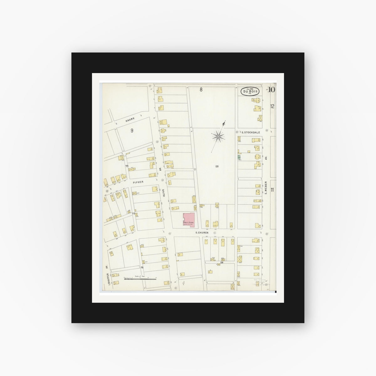 Old map wall art mockup — black gallery frame with white mat — Sanborn Fire Insurance Map from Du Bois, Clearfield County, Pennsylvania (1896), Sheet #0010