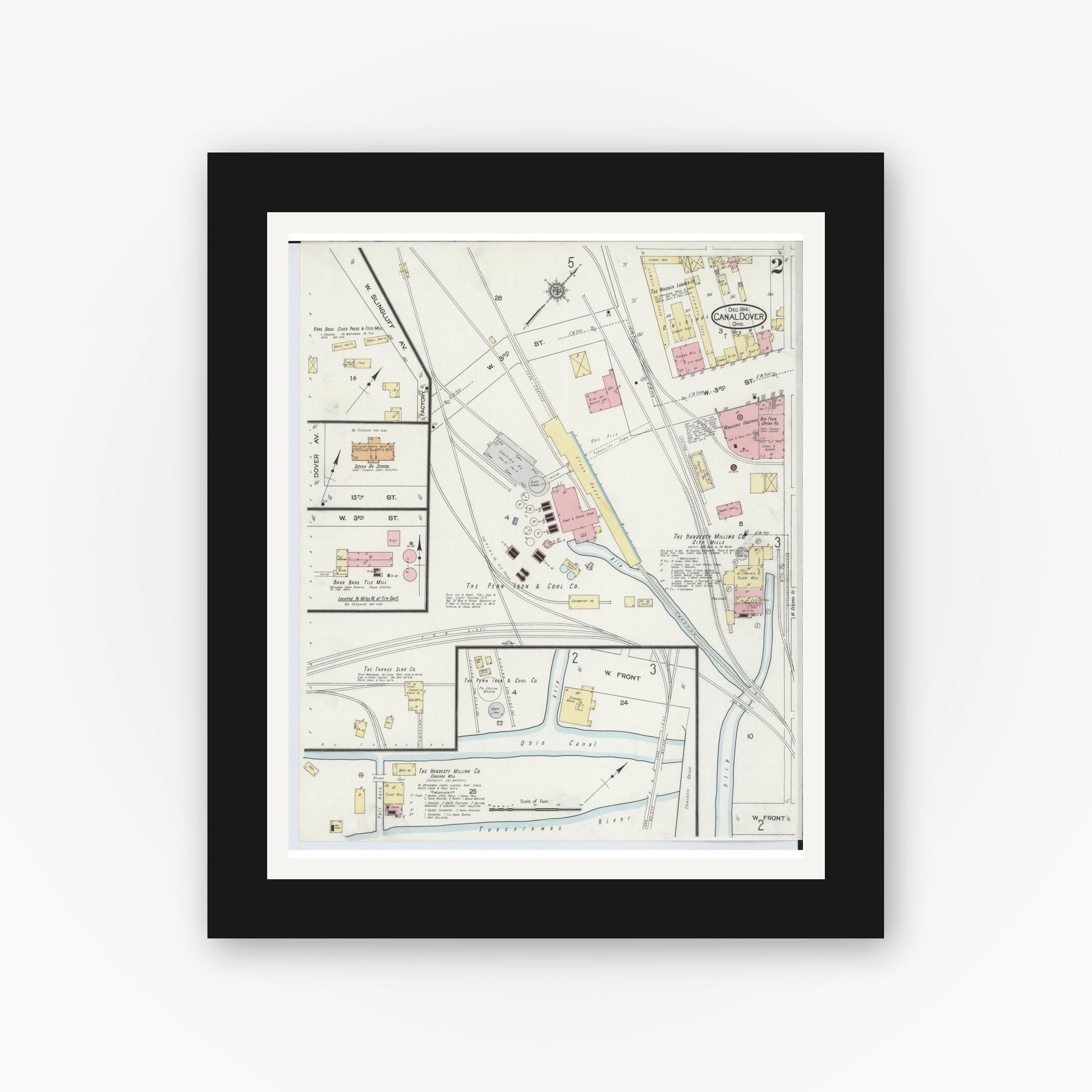 Old map wall art mockup — black gallery frame with white mat — Sanborn Fire Insurance Map from Canal Dover, Tuscarawas County, Ohio (1914), Sheet #0002