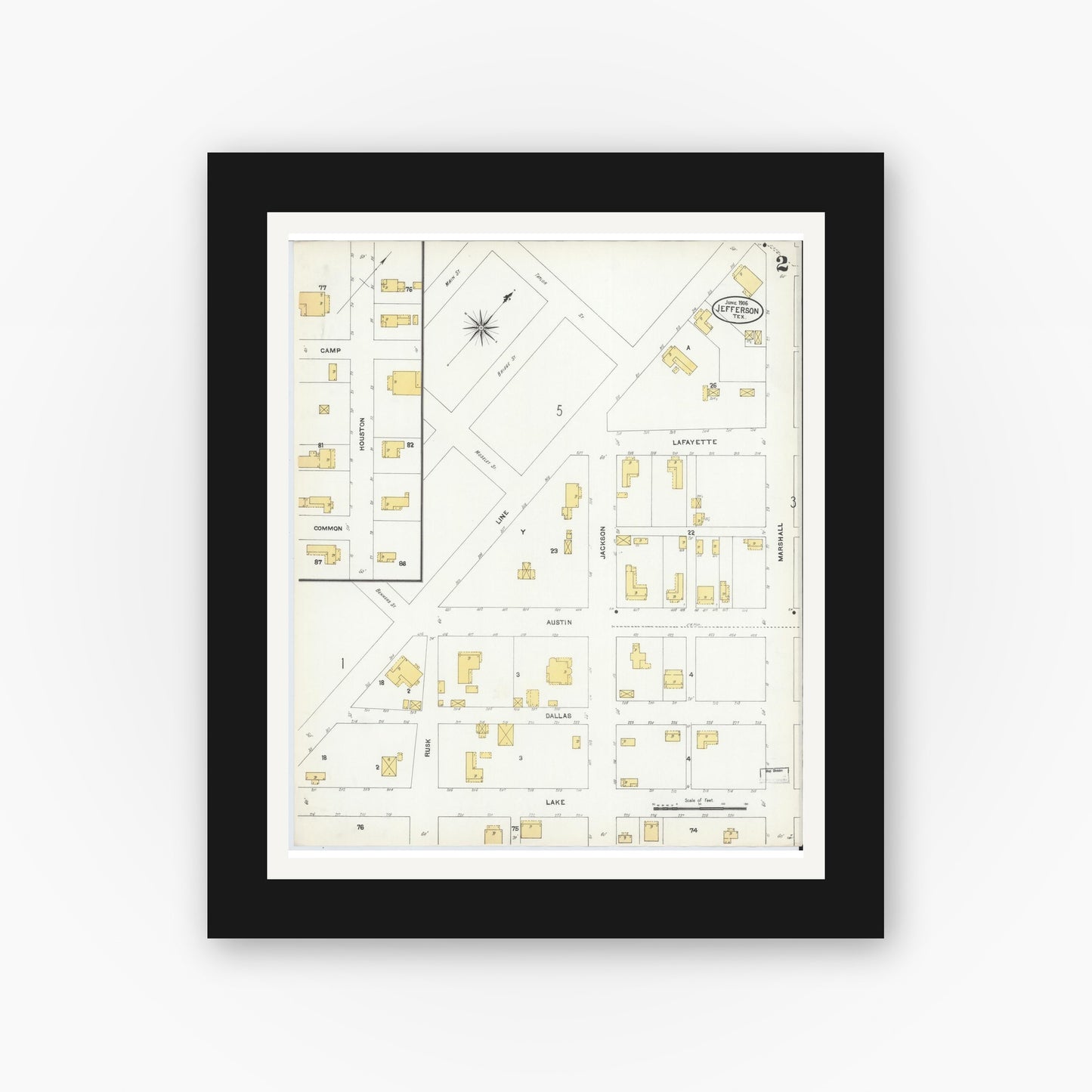 Old map wall art mockup — black gallery frame with white mat — Sanborn Fire Insurance Map from Jefferson, Marion County, Texas (1906), Sheet #0002