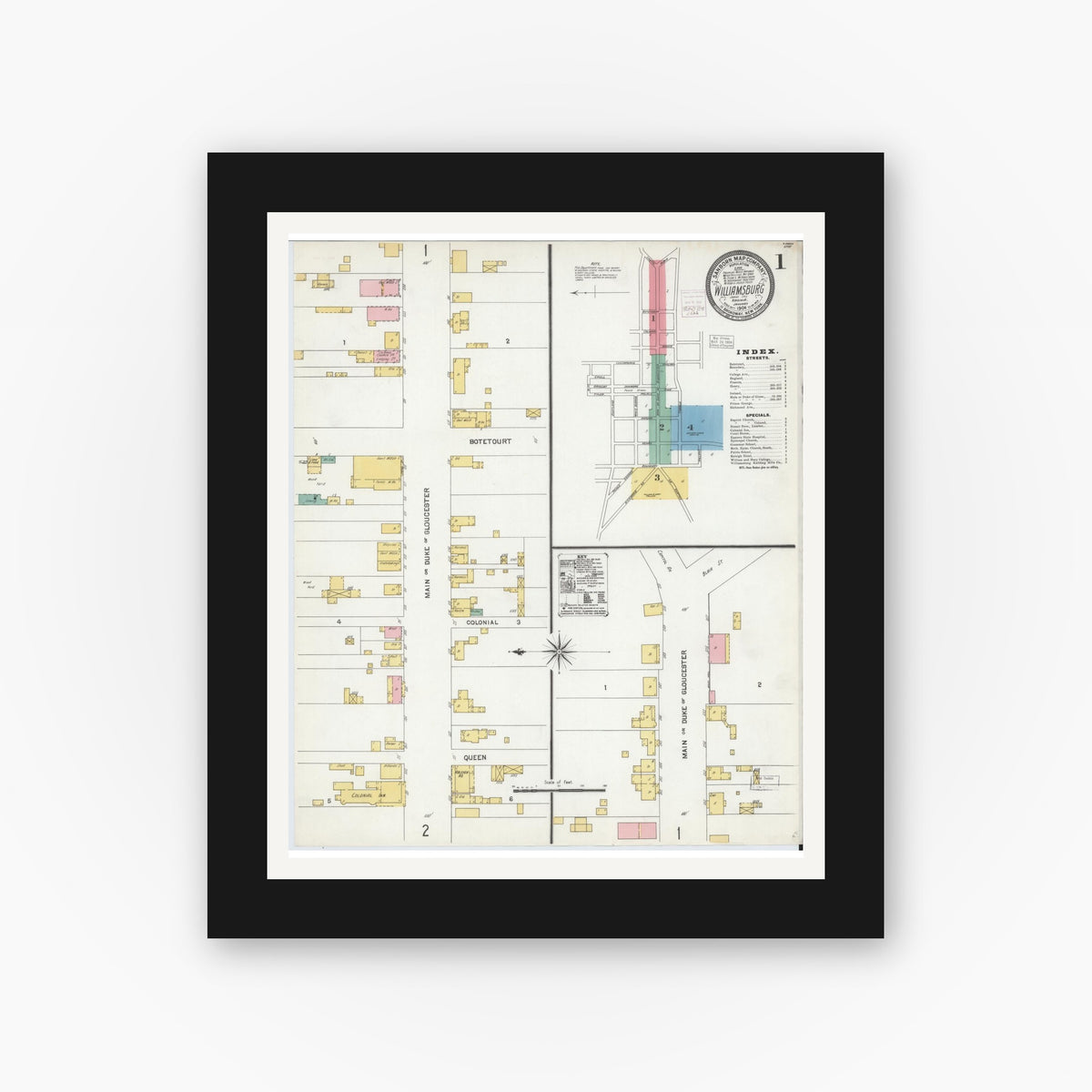 Old map wall art mockup — black gallery frame with white mat — Sanborn Fire Insurance Map from Williamsburg, Independent Cities, Virginia (1904) - Complete Map Set
