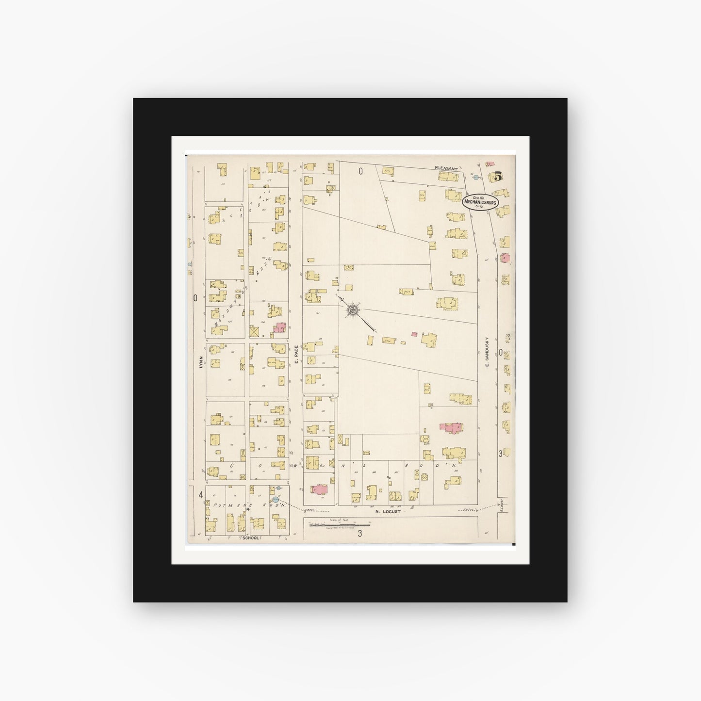 Old map wall art mockup — black gallery frame with white mat — Sanborn Fire Insurance Map from Mechanicsburg, Champaign County, Ohio (1921), Sheet #0005