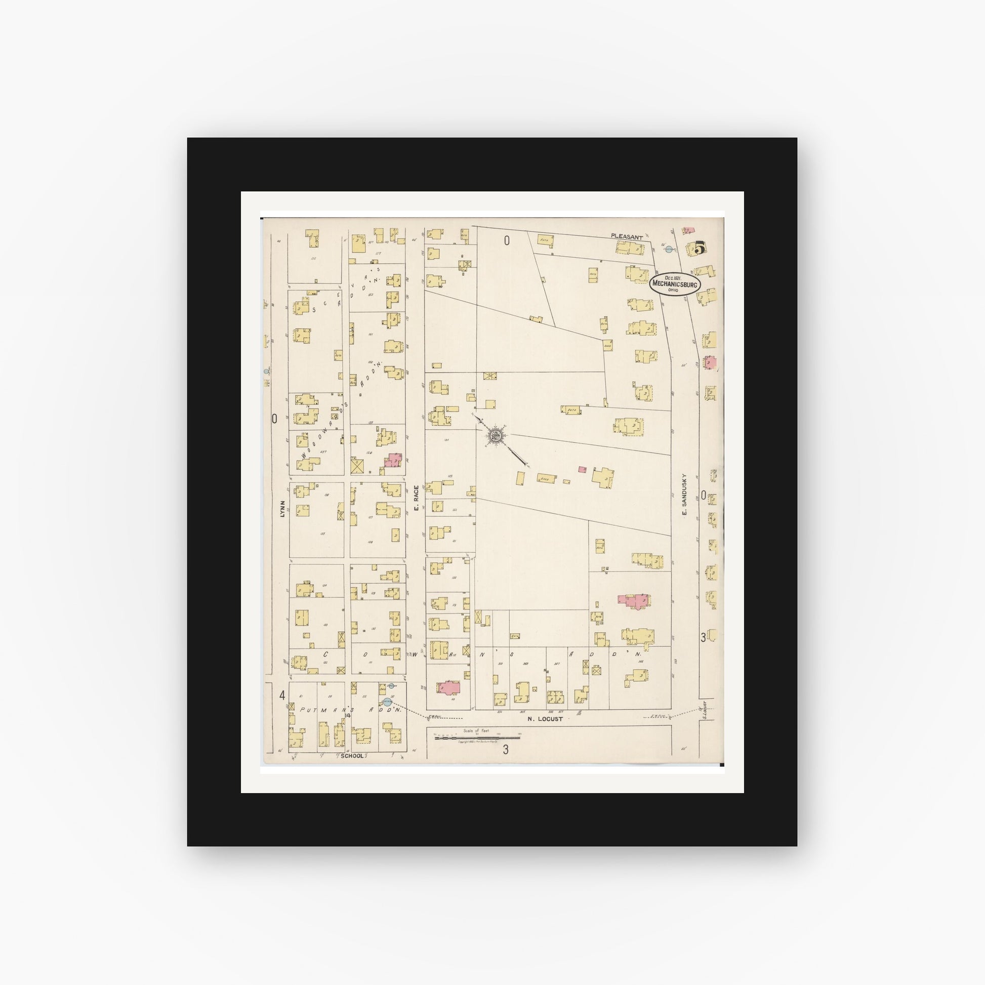 Old map wall art mockup — black gallery frame with white mat — Sanborn Fire Insurance Map from Mechanicsburg, Champaign County, Ohio (1921), Sheet #0005