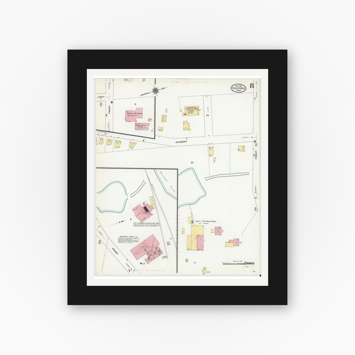 Old map wall art mockup — black gallery frame with white mat — Sanborn Fire Insurance Map from Chicopee, Hampden County, Massachusetts (1910), Sheet #0008