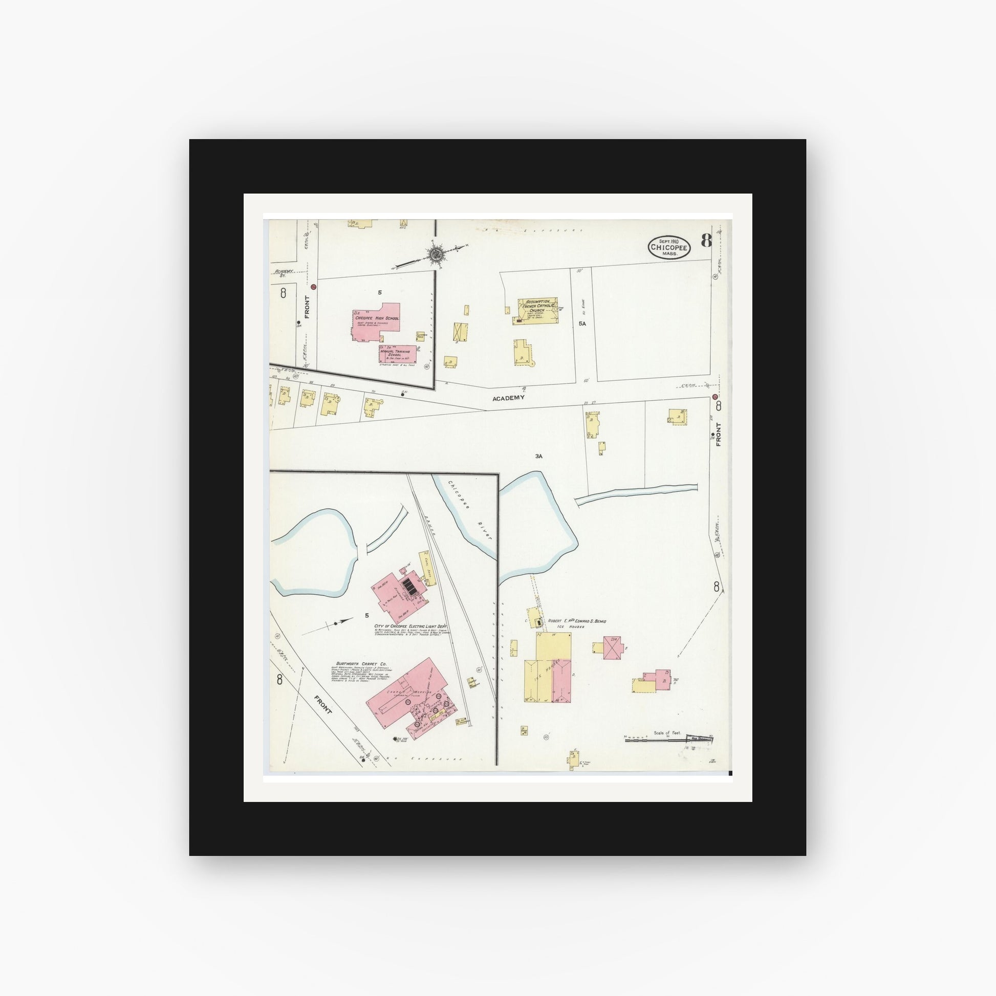 Old map wall art mockup — black gallery frame with white mat — Sanborn Fire Insurance Map from Chicopee, Hampden County, Massachusetts (1910), Sheet #0008