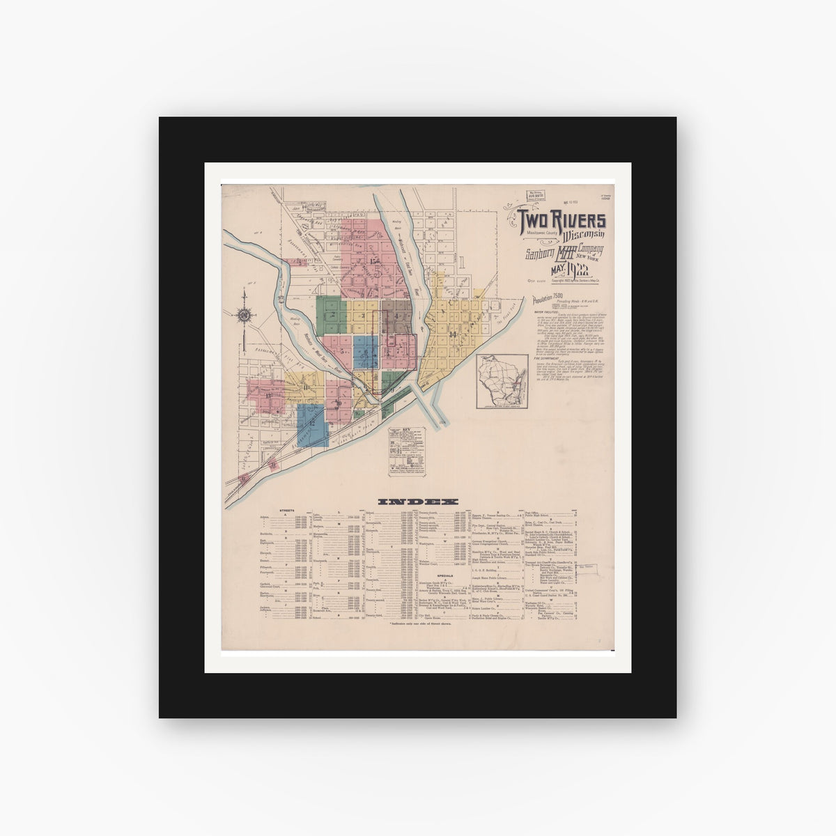 Old map wall art mockup — black gallery frame with white mat — Sanborn Fire Insurance Map from Two Rivers, Manitowoc County, Wisconsin (1922) - Complete Map Set