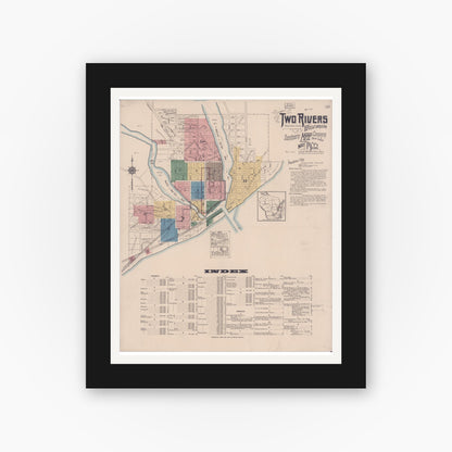 Old map wall art mockup — black gallery frame with white mat — Sanborn Fire Insurance Map from Two Rivers, Manitowoc County, Wisconsin (1922) - Complete Map Set