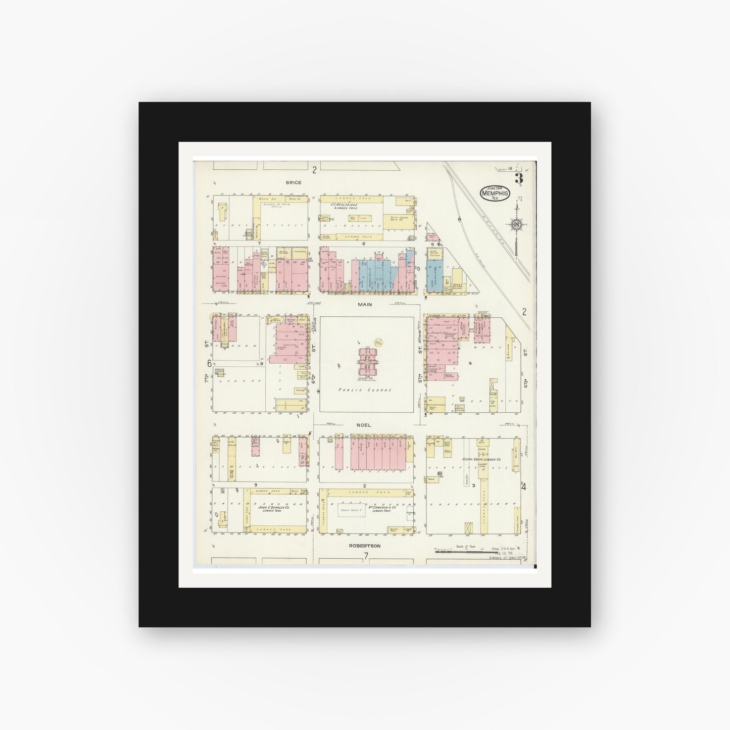 Old map wall art mockup — black gallery frame with white mat — Sanborn Fire Insurance Map from Memphis, Hall County, Texas (1914), Sheet #0003