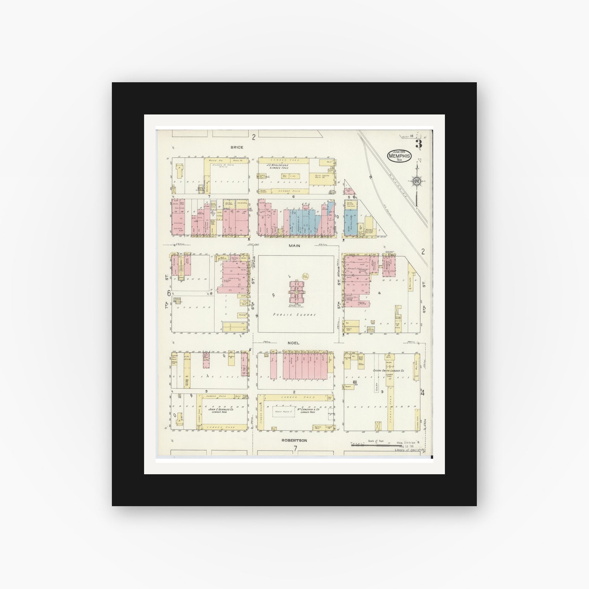 Old map wall art mockup — black gallery frame with white mat — Sanborn Fire Insurance Map from Memphis, Hall County, Texas (1914), Sheet #0003