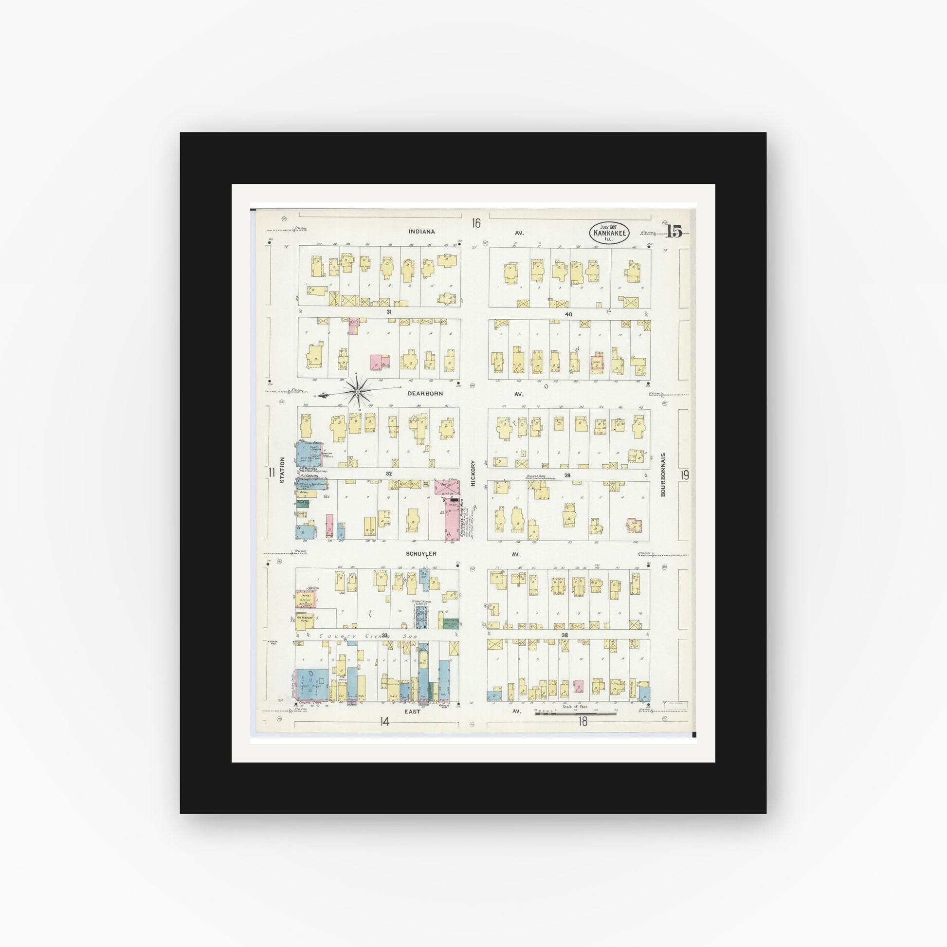 Old map wall art mockup — black gallery frame with white mat — Sanborn Fire Insurance Map from Kankakee, Kankakee County, Illinois (1907), Sheet #0015