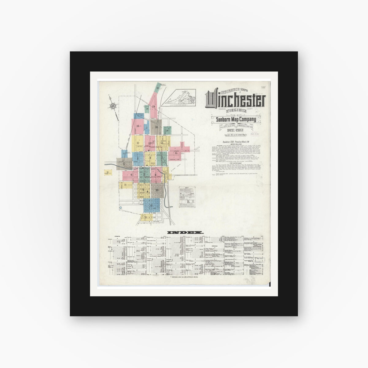 Old map wall art mockup — black gallery frame with white mat — Sanborn Fire Insurance Map from Winchester, Independent Cities, Virginia (1912) - Complete Map Set