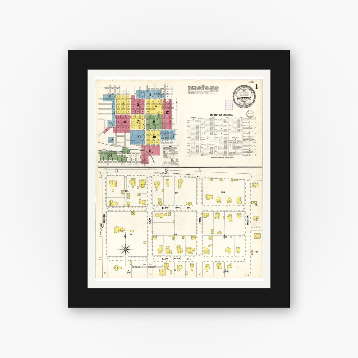 Old map wall art mockup — black gallery frame with white mat — Sanborn Fire Insurance Map from Bonham, Fannin County, Texas (1902), Sheet #0001