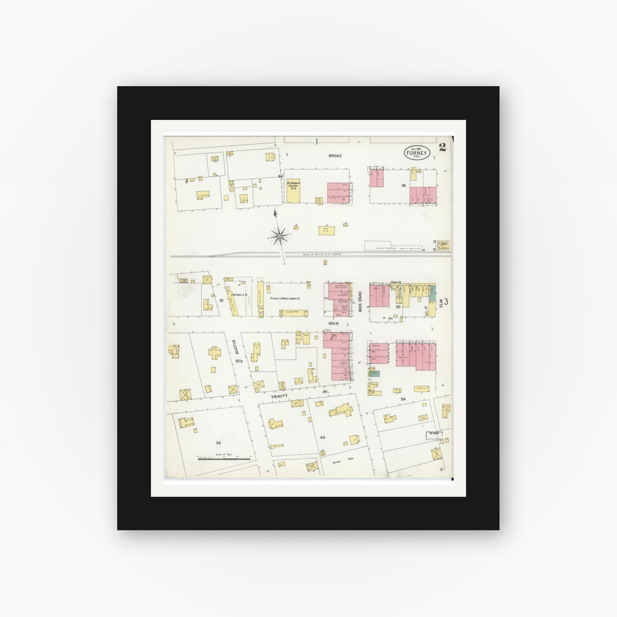 Old map wall art mockup — black gallery frame with white mat — Sanborn Fire Insurance Map from Forney, Kaufman County, Texas (1901), Sheet #0002