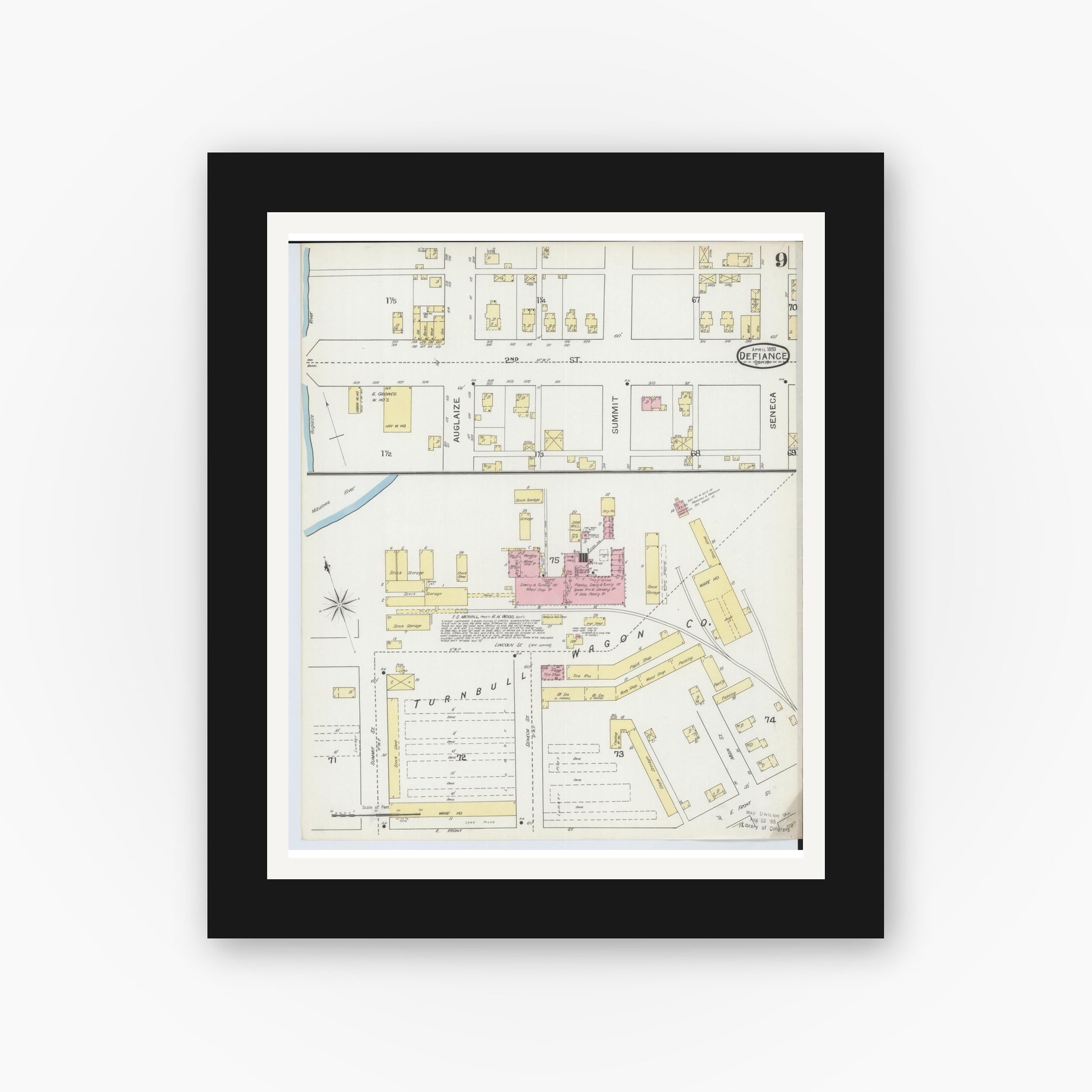 Old map wall art mockup — black gallery frame with white mat — Sanborn Fire Insurance Map from Defiance, Defiance County, Ohio (1893), Sheet #0009