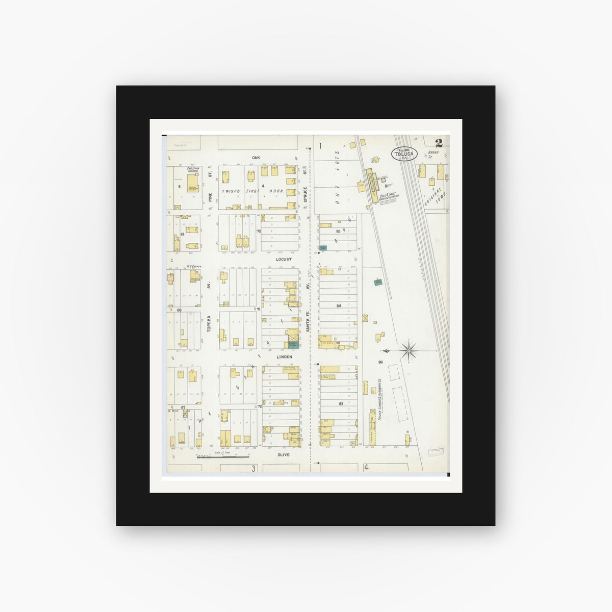 Old map wall art mockup — black gallery frame with white mat — Sanborn Fire Insurance Map from Toluca, Marshall County, Illinois (1901), Sheet #0002