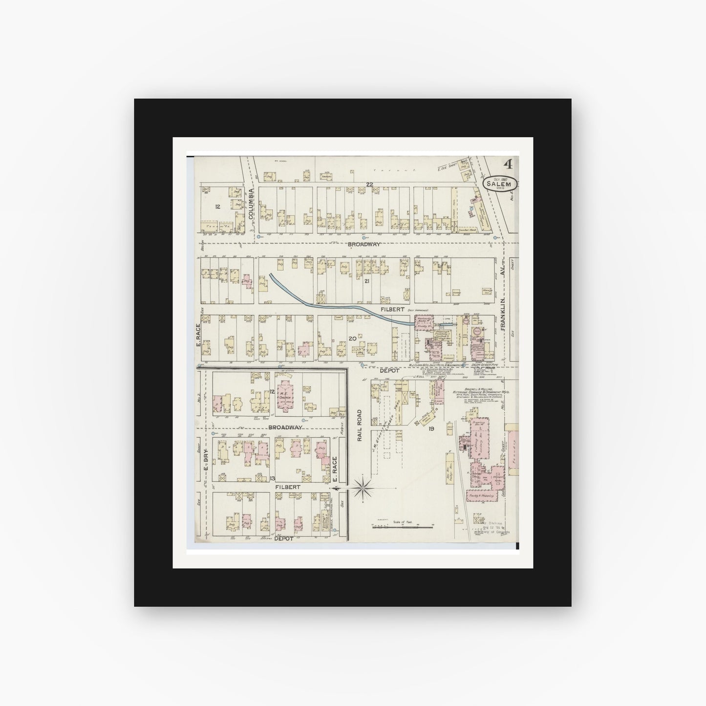 Old map wall art mockup — black gallery frame with white mat — Sanborn Fire Insurance Map from Salem, Columbiana County, Ohio (1887), Sheet #0004