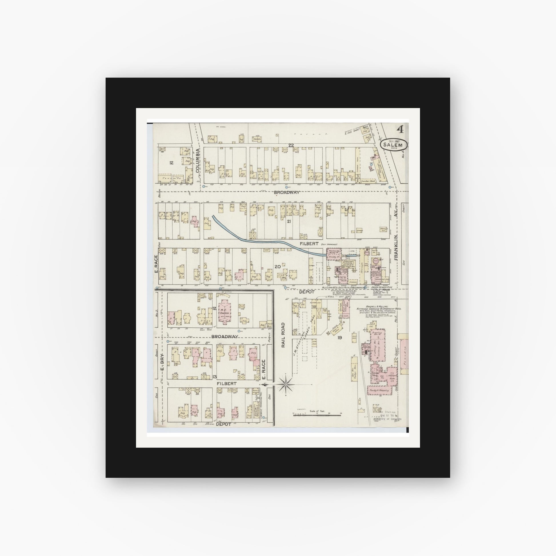 Old map wall art mockup — black gallery frame with white mat — Sanborn Fire Insurance Map from Salem, Columbiana County, Ohio (1887), Sheet #0004