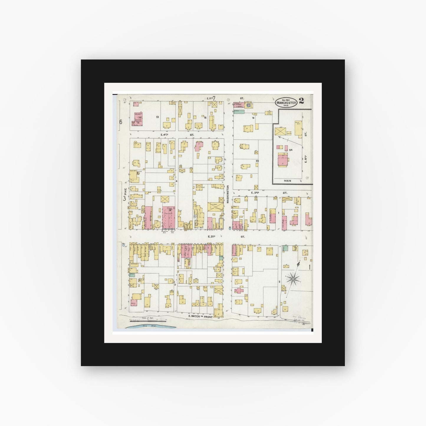 Old map wall art mockup — black gallery frame with white mat — Sanborn Fire Insurance Map from Manchester, Adams County, Ohio (1904), Sheet #0002