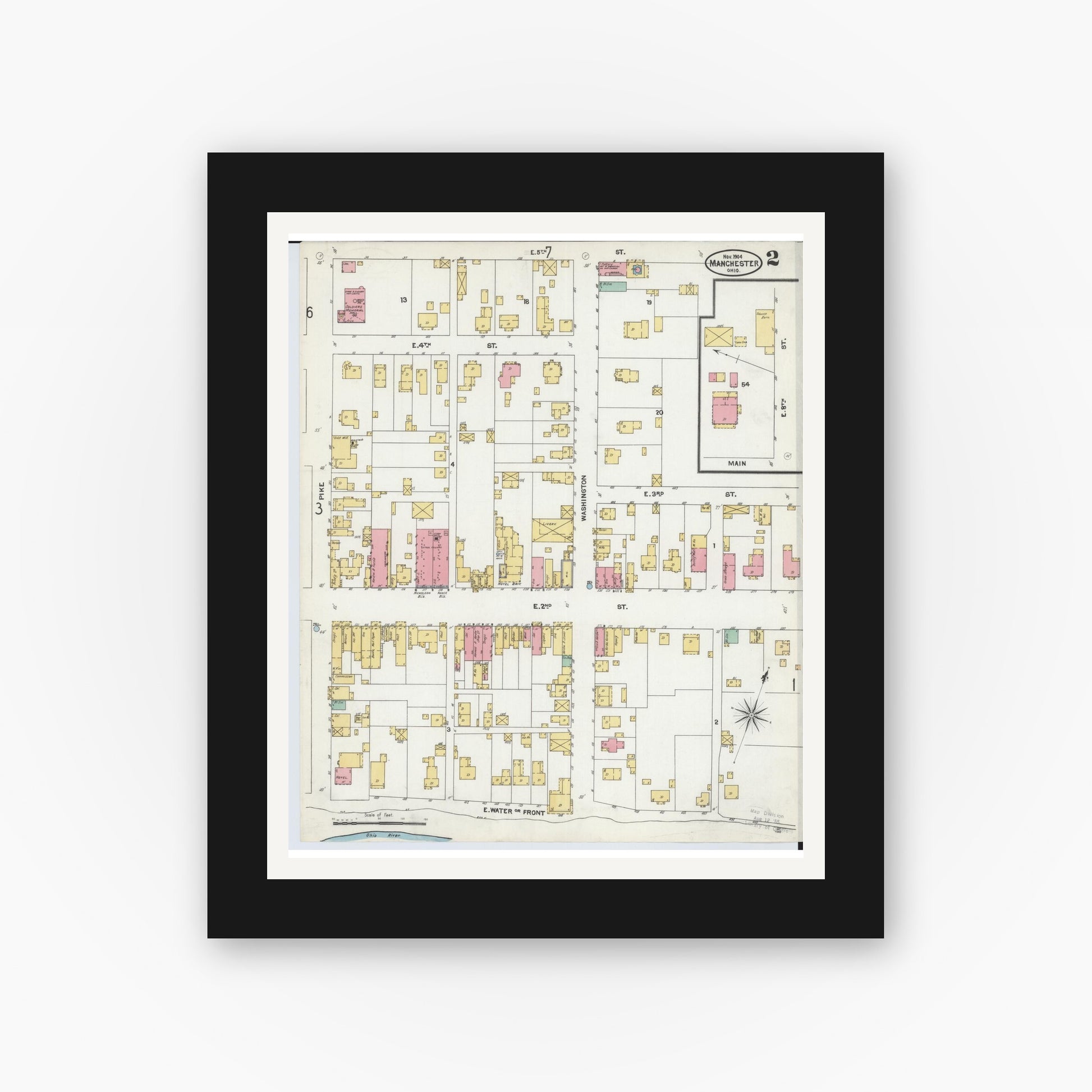 Old map wall art mockup — black gallery frame with white mat — Sanborn Fire Insurance Map from Manchester, Adams County, Ohio (1904), Sheet #0002