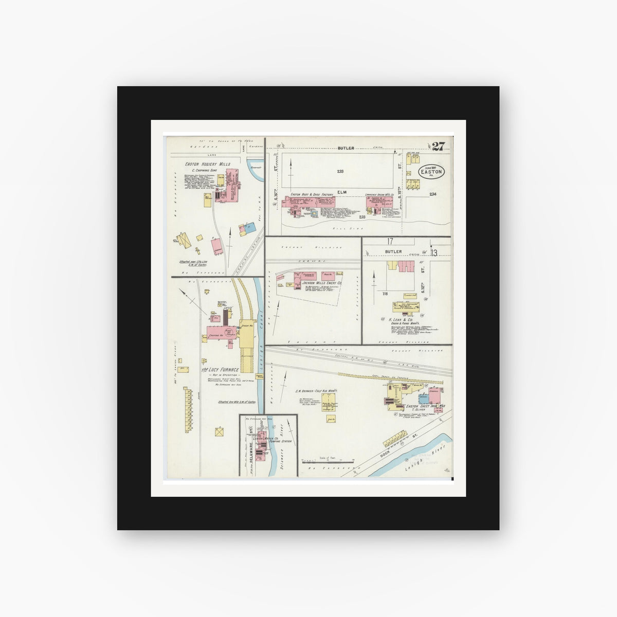 Old map wall art mockup — black gallery frame with white mat — Sanborn Fire Insurance Map from Easton, Northampton County, Pennsylvania (1897), Sheet #0027