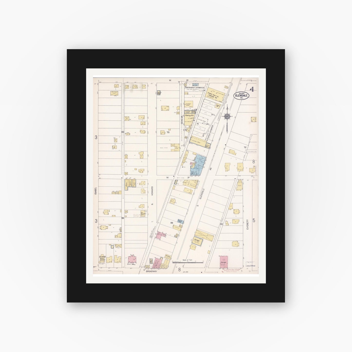Old map wall art mockup — black gallery frame with white mat — Sanborn Fire Insurance Map from Glendale, Los Angeles County, California (1912), Sheet #0004
