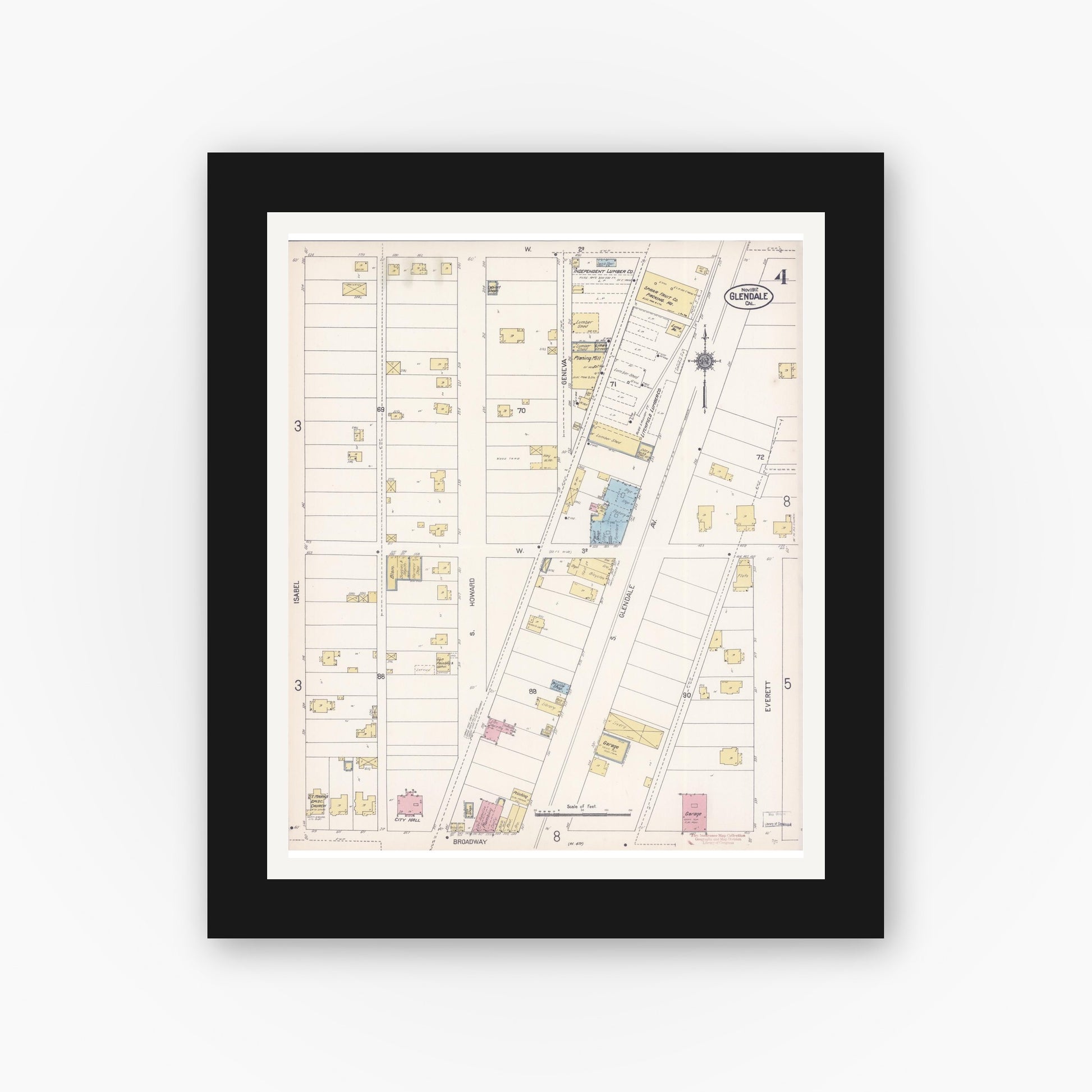 Old map wall art mockup — black gallery frame with white mat — Sanborn Fire Insurance Map from Glendale, Los Angeles County, California (1912), Sheet #0004