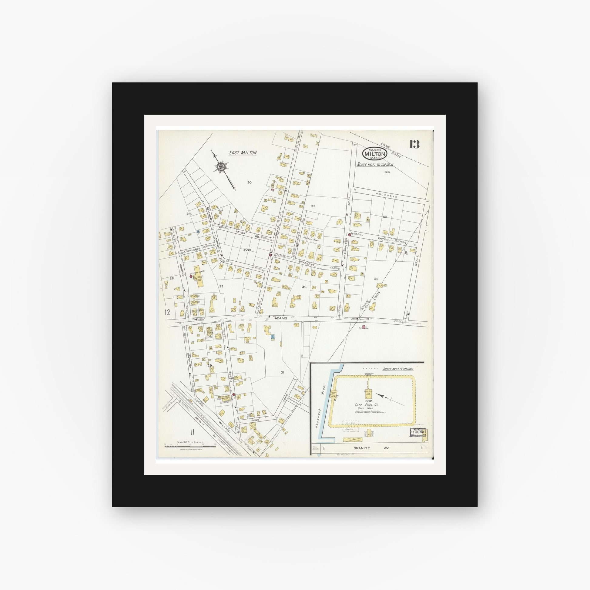 Old map wall art mockup — black gallery frame with white mat — Sanborn Fire Insurance Map from Milton, Norfolk County, Massachusetts (1917), Sheet #0013