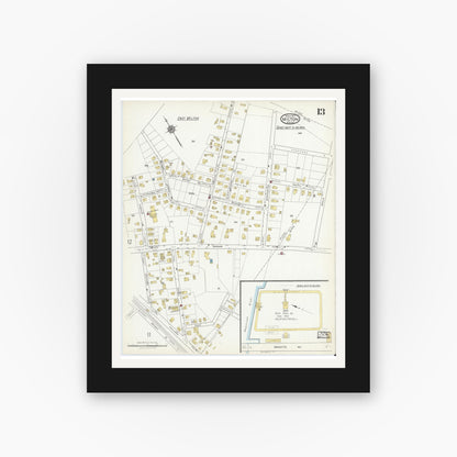 Old map wall art mockup — black gallery frame with white mat — Sanborn Fire Insurance Map from Milton, Norfolk County, Massachusetts (1917), Sheet #0013