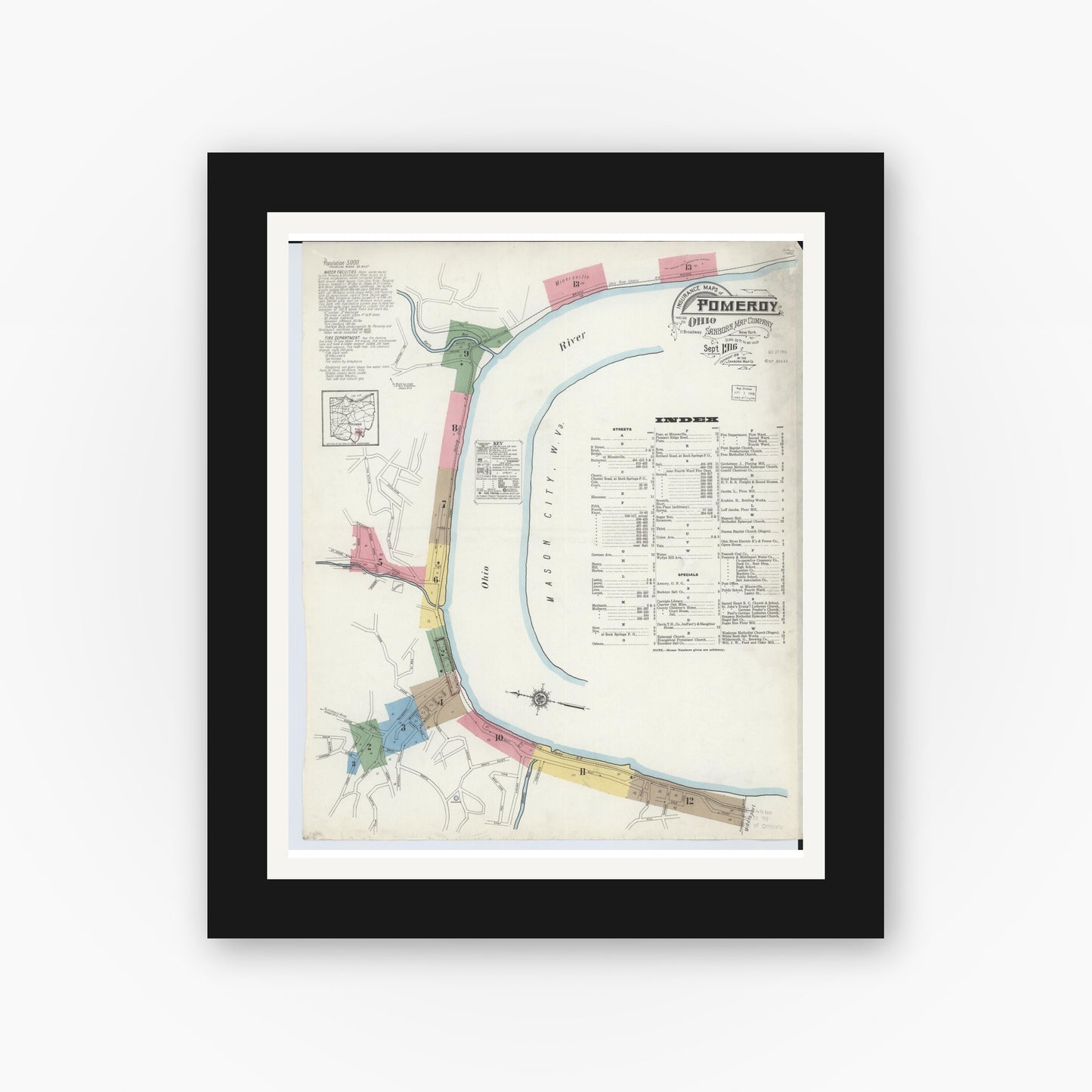 Old map wall art mockup — black gallery frame with white mat — Sanborn Fire Insurance Map from Pomeroy, Meigs County, Ohio (1916), Sheet #0001