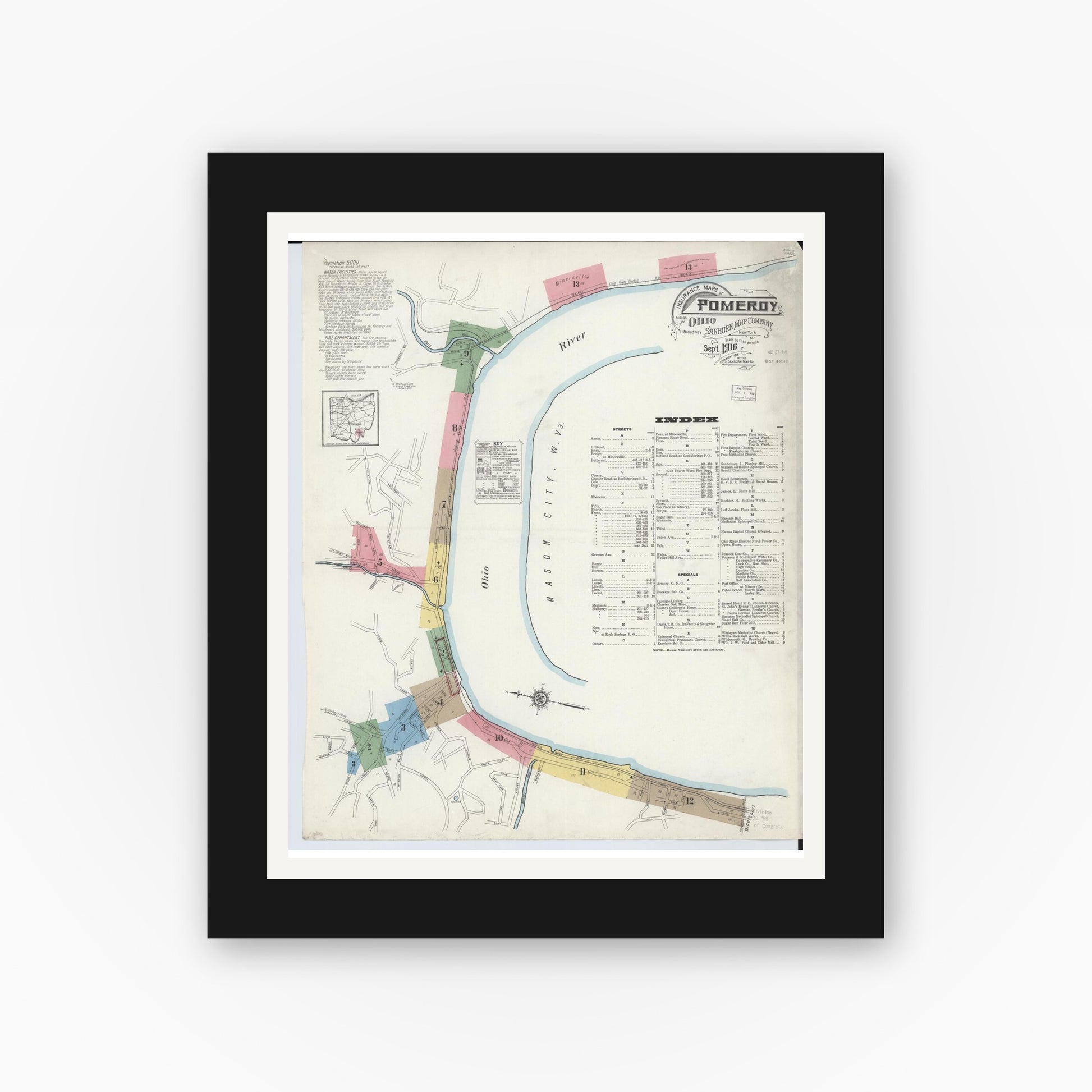 Old map wall art mockup — black gallery frame with white mat — Sanborn Fire Insurance Map from Pomeroy, Meigs County, Ohio (1916), Sheet #0001