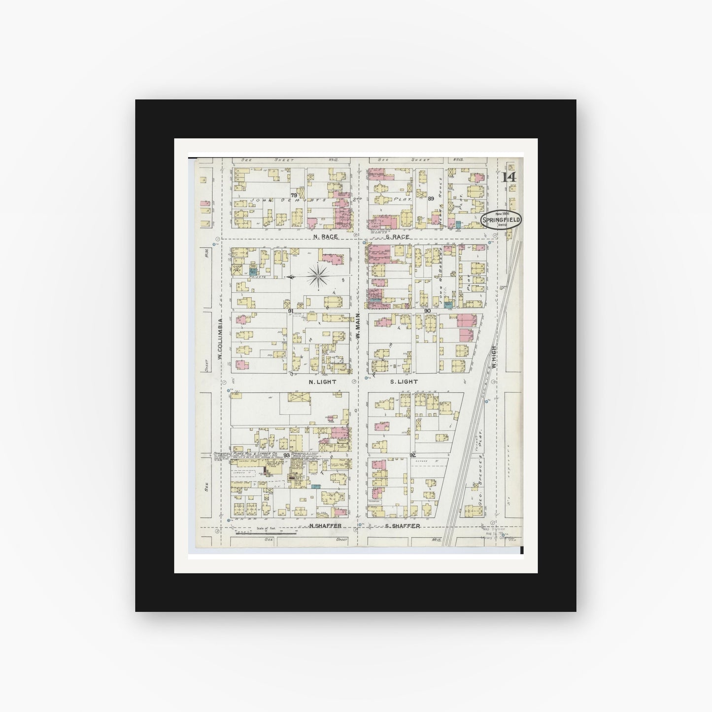 Old map wall art mockup — black gallery frame with white mat — Sanborn Fire Insurance Map from Springfield, Clark County, Ohio (1891), Sheet #0014