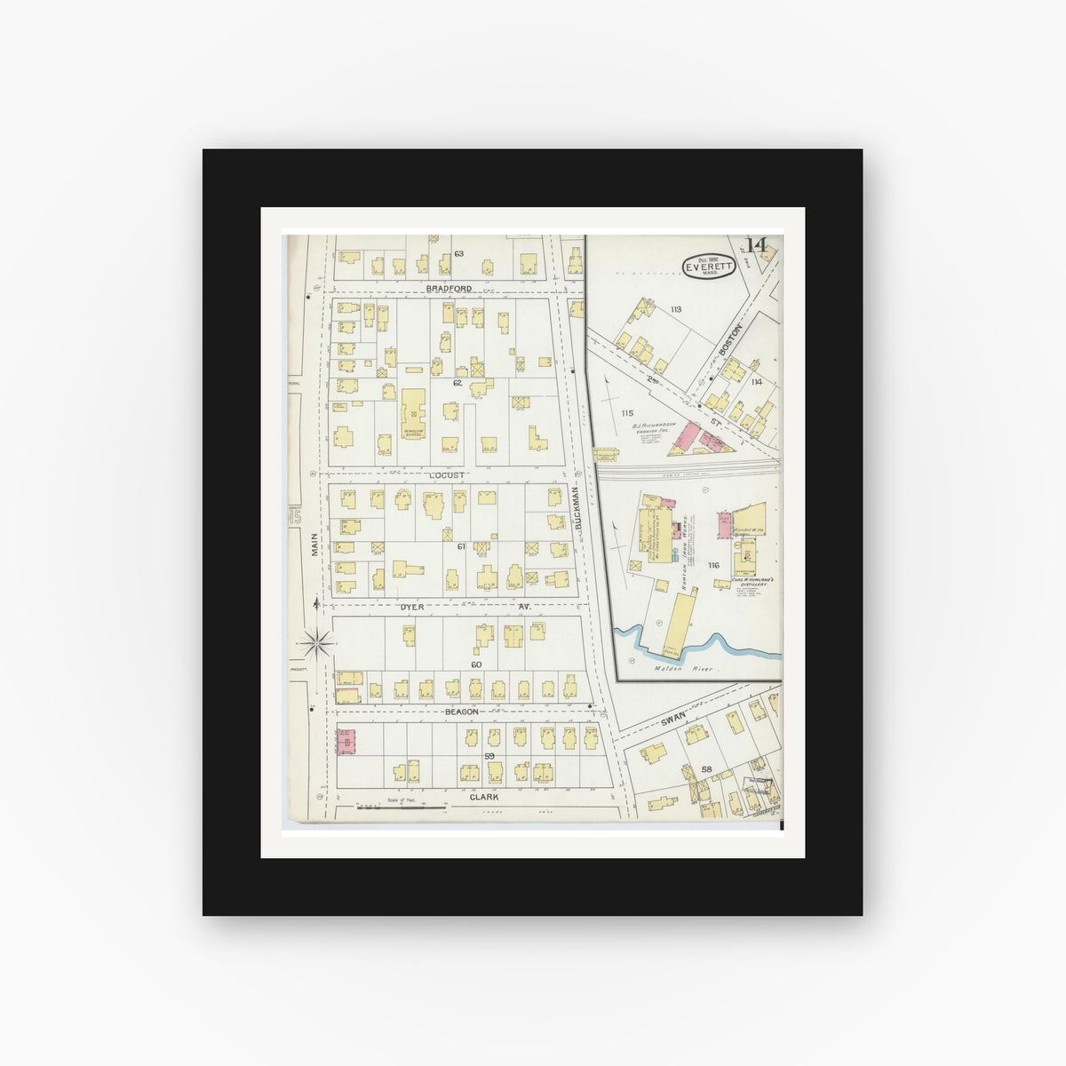 Old map wall art mockup — black gallery frame with white mat — Sanborn Fire Insurance Map from Everett, Middlesex County, Massachusetts (1892), Sheet #0014