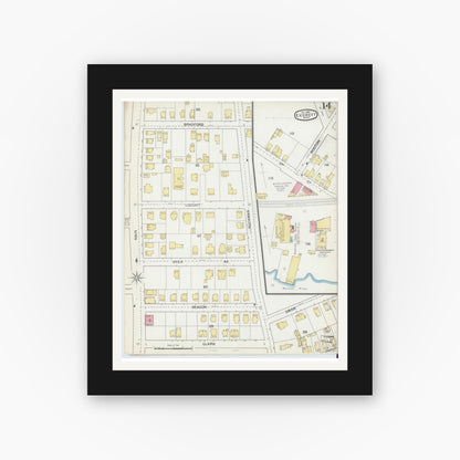 Old map wall art mockup — black gallery frame with white mat — Sanborn Fire Insurance Map from Everett, Middlesex County, Massachusetts (1892), Sheet #0014