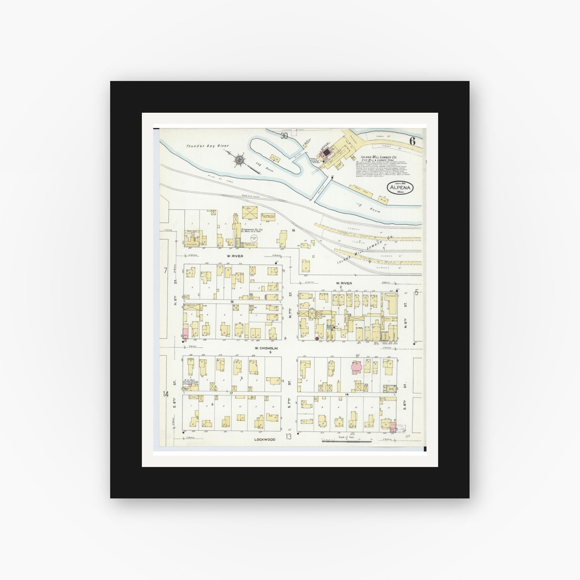 Old map wall art mockup — black gallery frame with white mat — Sanborn Fire Insurance Map from Alpena, Alpena County, Michigan (1910), Sheet #0006