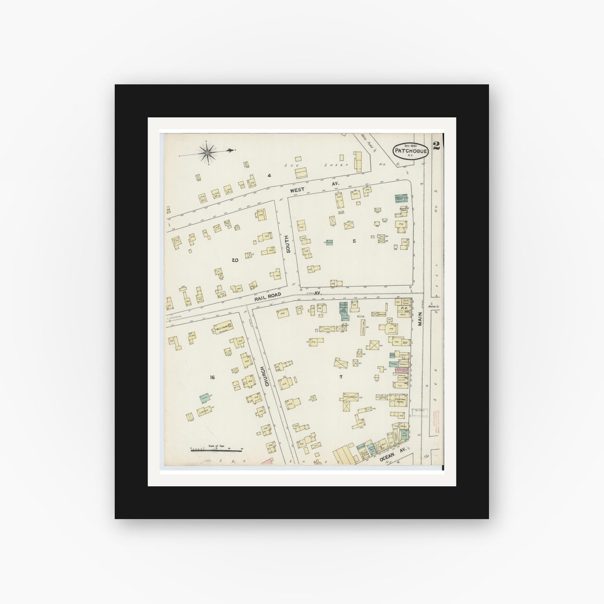 Old map wall art mockup — black gallery frame with white mat — Sanborn Fire Insurance Map from Patchogue, Suffolk County, New York (1891), Sheet #0002
