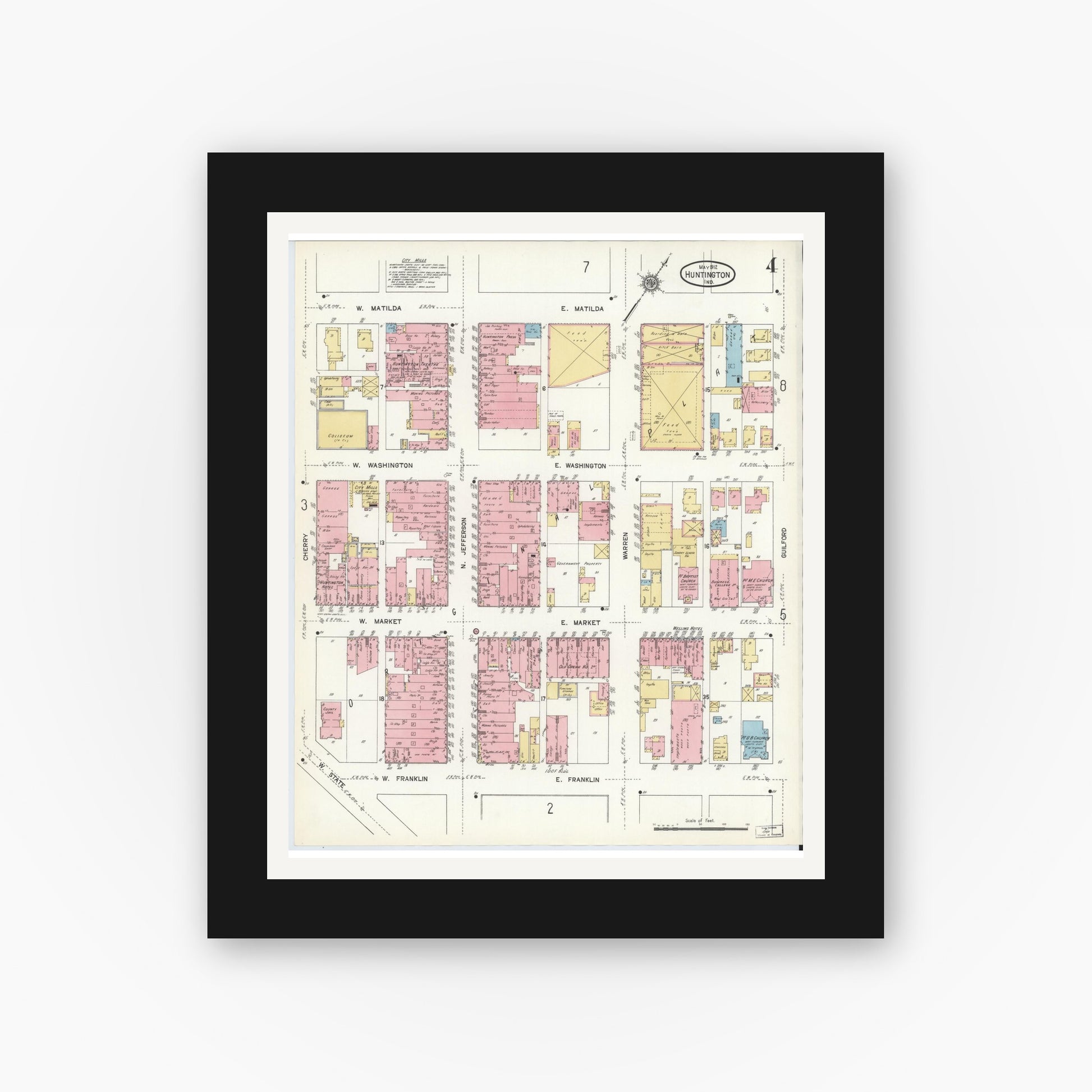 Old map wall art mockup — black gallery frame with white mat — Sanborn Fire Insurance Map from Huntington, Huntington County, Indiana (1912), Sheet #0004