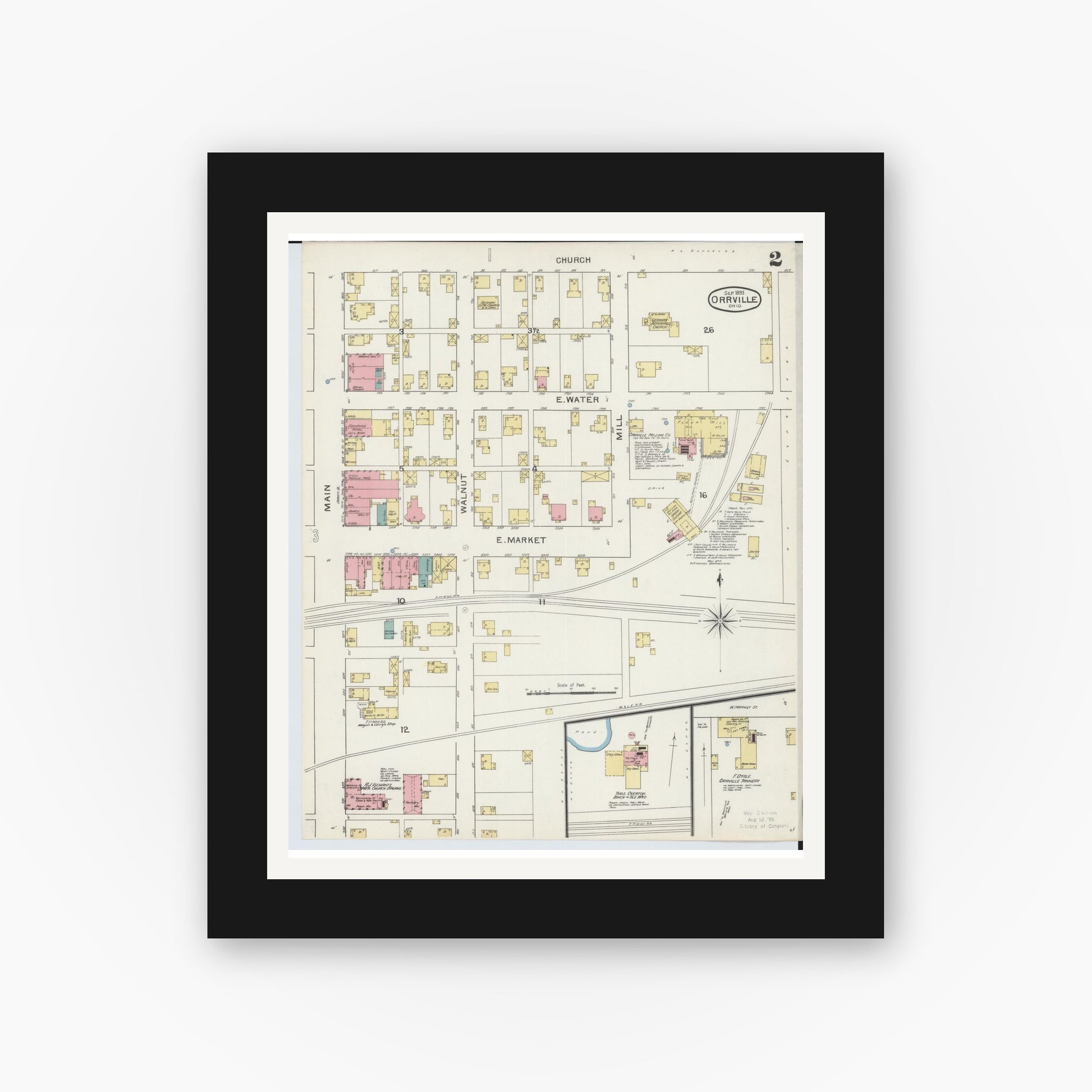 Old map wall art mockup — black gallery frame with white mat — Sanborn Fire Insurance Map from Orrville, Wayne County, Ohio (1893), Sheet #0002