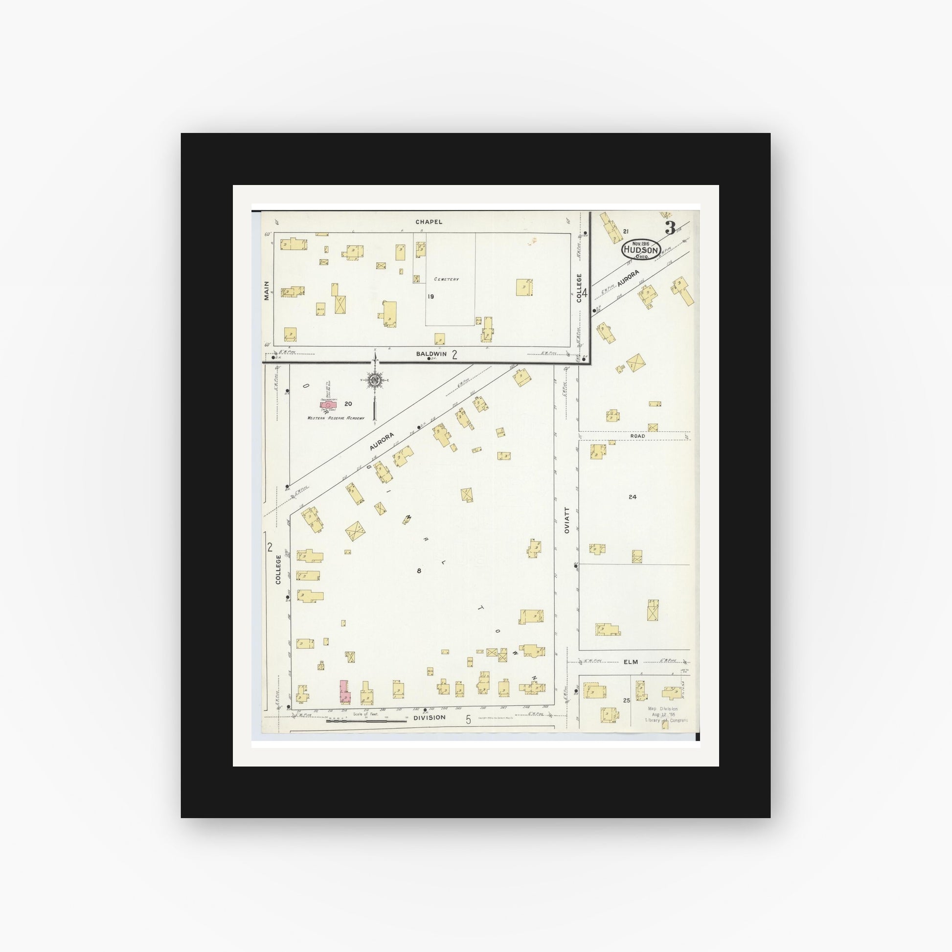 Old map wall art mockup — black gallery frame with white mat — Sanborn Fire Insurance Map from Hudson, Summit County, Ohio (1916), Sheet #0003