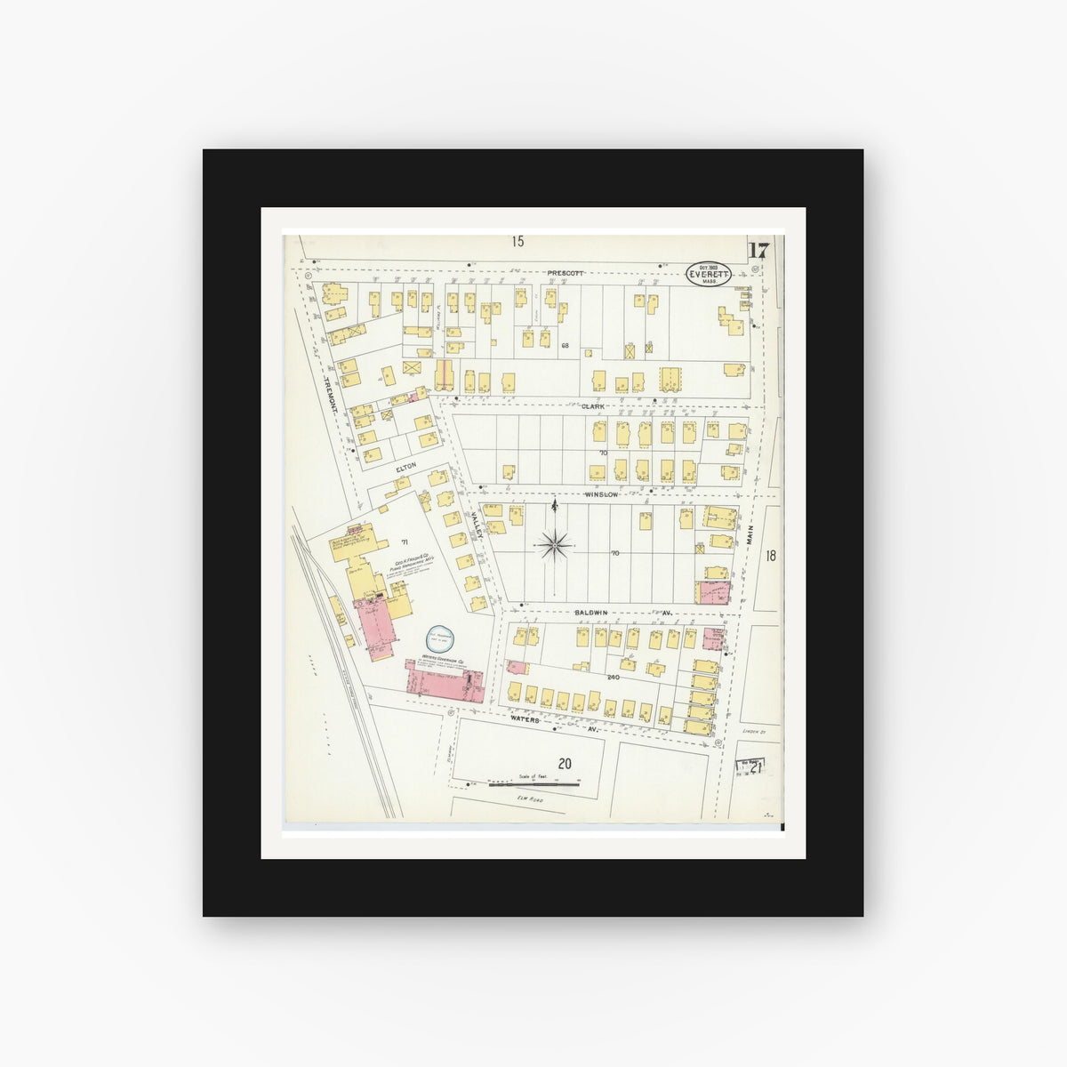 Old map wall art mockup — black gallery frame with white mat — Sanborn Fire Insurance Map from Everett, Middlesex County, Massachusetts (1903), Sheet #0017