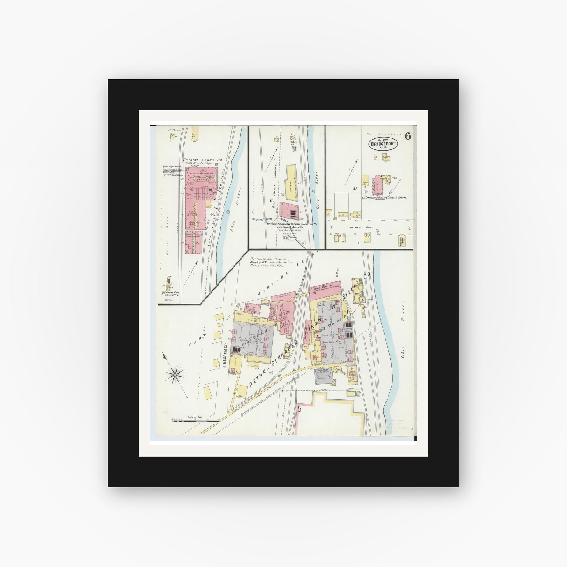 Old map wall art mockup — black gallery frame with white mat — Sanborn Fire Insurance Map from Bridgeport, Belmont County, Ohio (1897), Sheet #0006