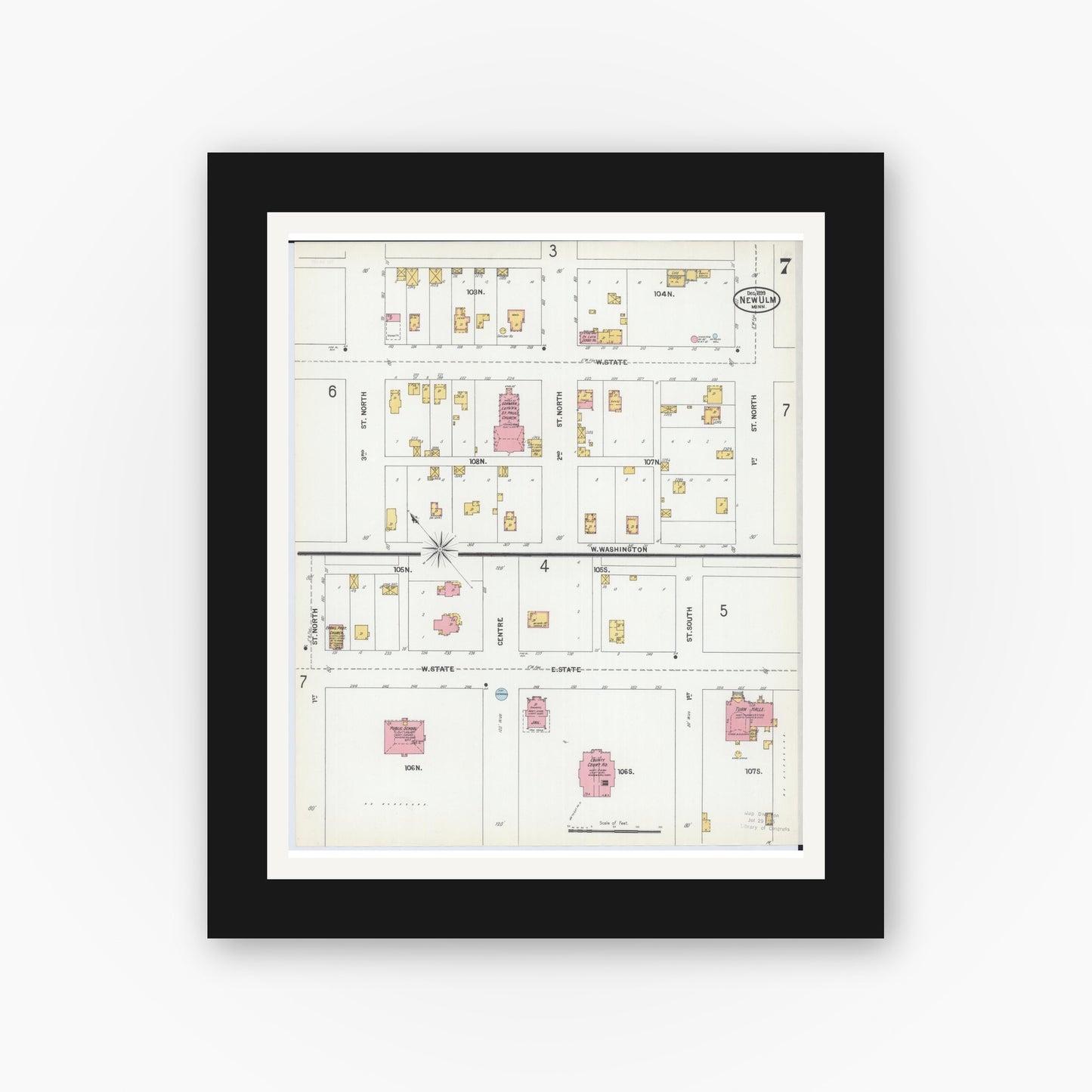 Old map wall art mockup — black gallery frame with white mat — Sanborn Fire Insurance Map from New Ulm, Brown County, Minnesota (1899), Sheet #0007